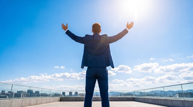 Businessman standing on a rooftop with arms raised towards the bright blue sky, celebrating success.