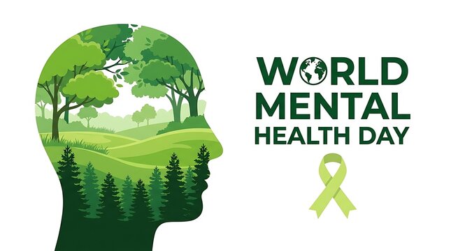 A human head silhouette filled with a lush forest scene representing the importance of mental wellbeing and nature s healing power