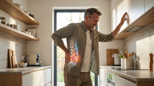 Person endure discomfort: spinal disorder, back pain, nerve compression, disc disease, acute ache, chronic agony, lumbar problem, vertebra degeneration.