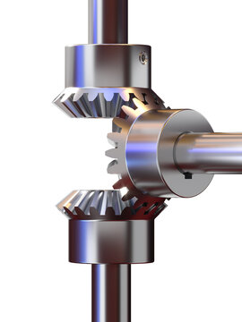 Bevel gears transmitting power on transparent background 3d