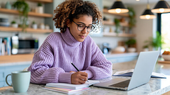 Black teenage girl wearing a lavender sweater studying at a bright kitchen island, laptop and notebook, focused expression, distance education, academic success, modern family