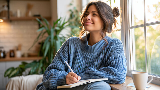 Smiling Hispanic woman recording personal reflections in a notebook while sitting beside a kitchen window, white ceramic coffee cup, green plants and warm sunlight, mindfulness,