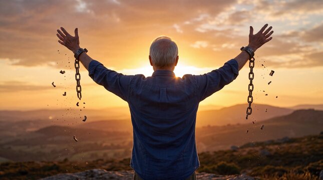 Free senior man raising his hands with broken chains at sunset, symbolizing liberation and new beginnings.