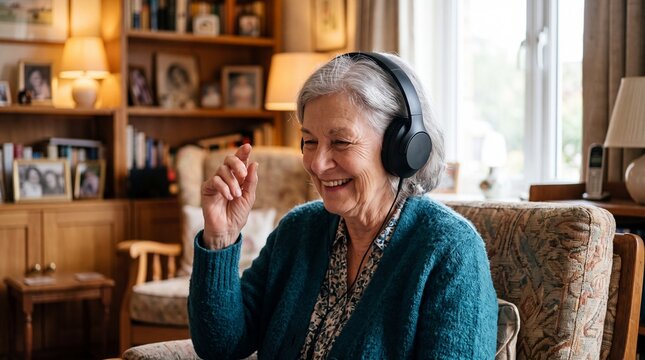 Happy senior woman wearing headphones and smiling while listening to music at home.