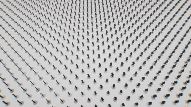 Top view isometric array of monochrome pictogram figures standing in uniform diagonal rows across a bright white floor in a 3D render