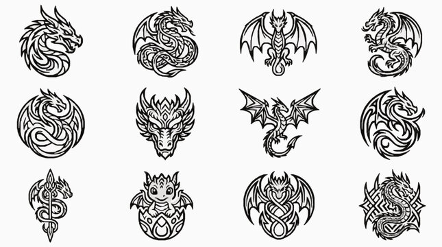 Black and white dragon icons and symbols collection for fantasy design