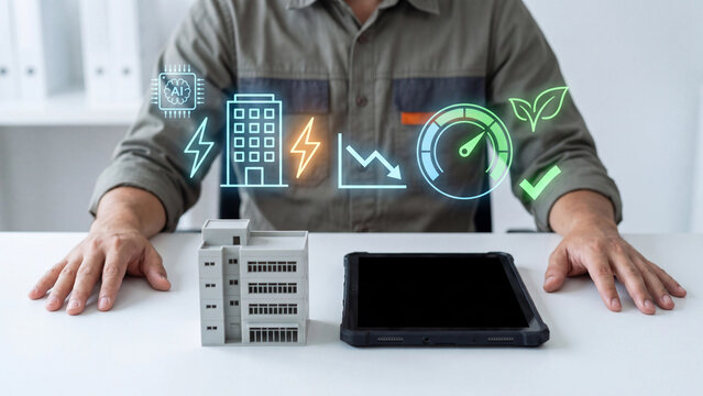 AI building energy management and smart building power reduction concept, facility manager with miniature building and tablet, energy gauge and leaf for AI energy saving