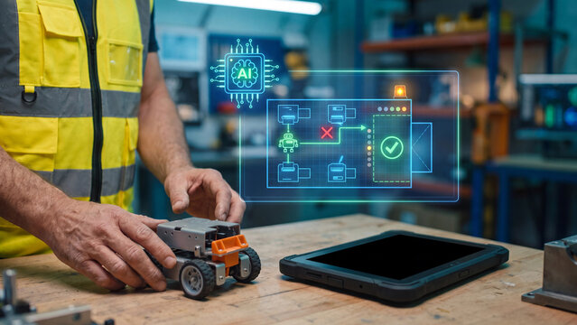 AI autonomous robot navigation and route planning concept, technician with mobile robot prototype and tablet, path optimization hologram with obstacle avoidance