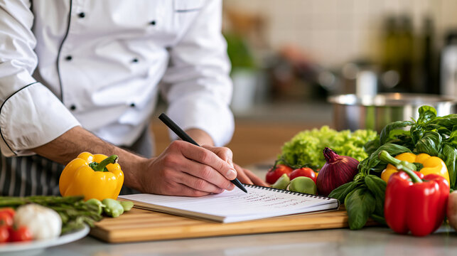Professional chef carefully reviewing handwritten menu ideas beside colorful fresh ingredients in a contemporary restaurant kitchen, culinary planning, gastronomy, recipe