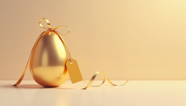 golden egg with a decorative ribbon and price tag positioned on a clean surface against a light background, concept gift giving
