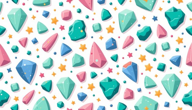 The image features a colorful pattern of variously shaped gemstones and small star shaped elements scattered evenly across a white background