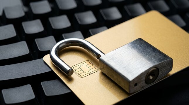 Cyber security concept with unlocked padlock on gold credit card, secure online payment and data protection on computer keyboard
