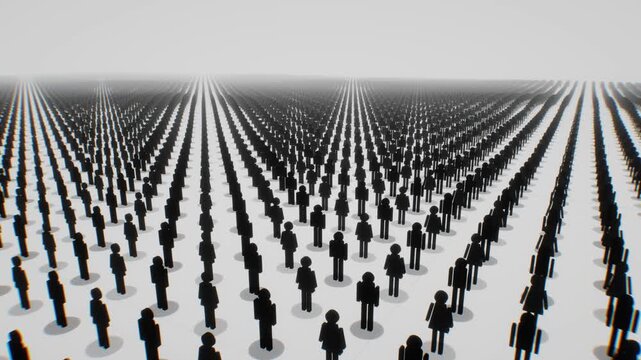 Wide vanishing point perspective of an endless sea of dark silhouette figures converging toward a bright horizon in a 3D CGI animation