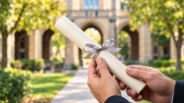 Graduation diploma scroll held by graduate, university campus background, academic degree certificate photo