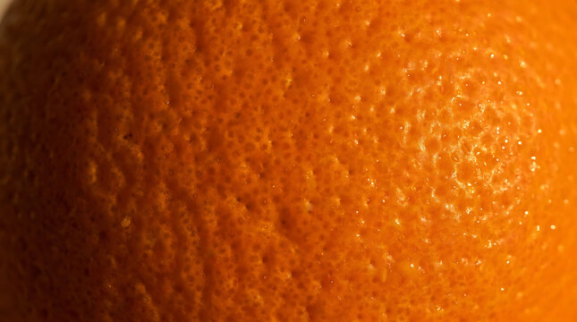 Macro close-up shot of vibrant orange citrus peel texture with fine pores and warm natural lighting