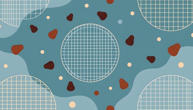 The image features a repeating pattern with large circular elements that have a grid like design inside them, set against a blue background