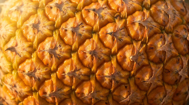 Close-up macro shot of ripe pineapple skin texture showing golden yellow scales and prickly details