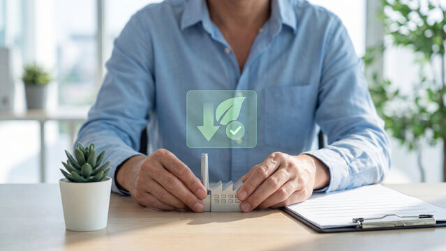 Carbon emission reduction and ESG sustainability concept, man holding miniature factory model with green leaf and down arrow checkmark hologram for clean manufacturing