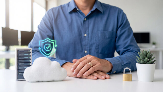 Cloud backup and data recovery security concept, man with miniature server rack and white cloud, shield sync hologram for cloud data protection and backup recovery