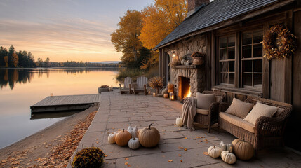 Obraz premium Lakeside log cabin patio with cozy seating, autumn pumpkins, fireplace, and calm water at sunset