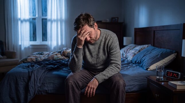 A distressed man sits on the edge of a bed in a dim bedroom, appearing tired and emotionally overwhelmed.