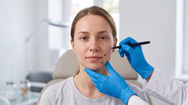 A cosmetic specialist marks a woman's face during a professional facial aesthetic treatment.