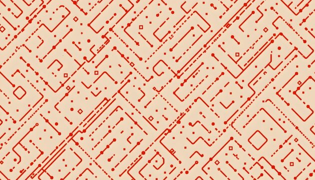 The image features an abstract pattern composed of numerous red lines and geometric shapes arranged in a seemingly random, intricate design