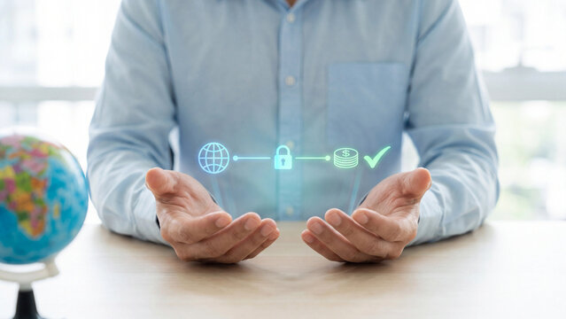 International money transfer and global payment security concept, man presenting globe, coin and checkmark hologram near world globe for international money transfer and remittance