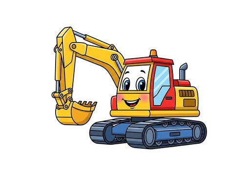 Cute cartoon excavator truck character with a happy face for construction site and kids design