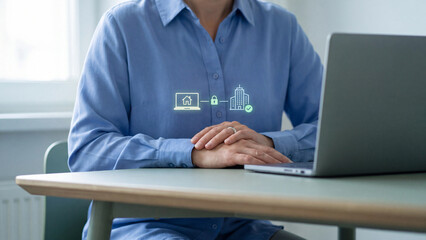 Fototapeta premium Remote work VPN and cybersecurity access concept, woman with laptop and home to office network hologram with checkmark for encrypted hybrid work connection