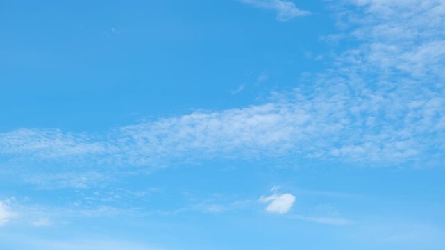 A blue sky cloud timelapse video featuring wispy cirrus and scattered altocumulus clouds drifting in gentle upper winds, capturing bright daylight, calm air, and changing fair weather. 4k.

