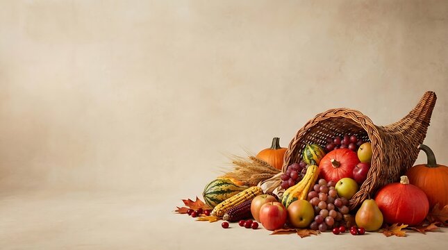 Traditional thanksgiving cornucopia filled with fresh autumn harvest fruits and vegetables on a neutral background
