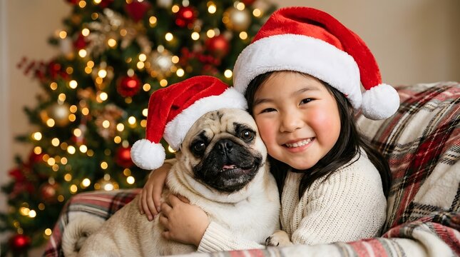 A joyful christmas portrait of a young girl and her adorable pug both wearing festive santa hats