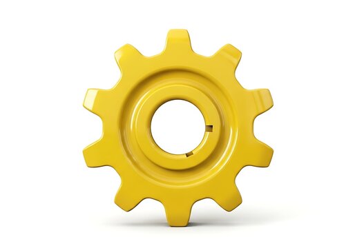 Single yellow gear wheel standing upright as a symbol for industrial mechanical engineering progress