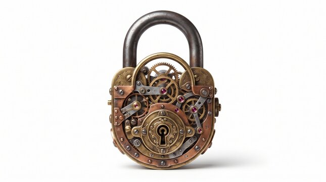 Intricate steampunk style padlock with visible clockwork gears and metallic mechanism isolated on white background.