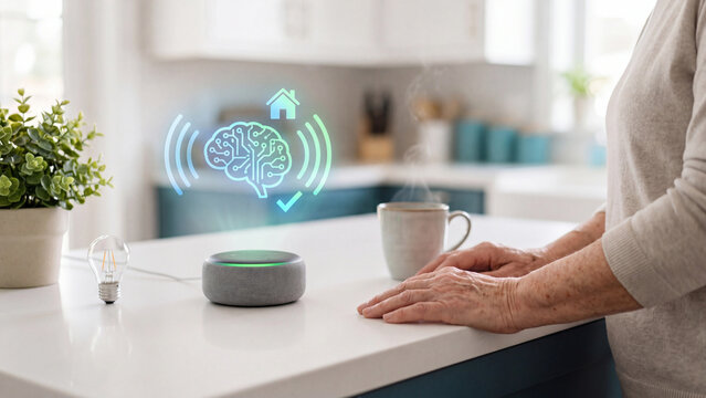Smart home AI voice assistant for senior living concept, elderly woman in kitchen with smart speaker, light bulb and AI brain hologram for voice control smart home