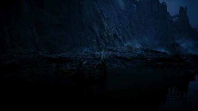 Moonlit jagged cliffs over black water, deep indigo tones, mirror reflections on glassy tide, brooding promontory with ruined spires, heavy shadow pockets,