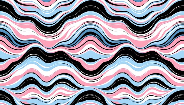 The image features an abstract pattern composed of wavy, flowing lines in various shades of black, white, pink, and blue