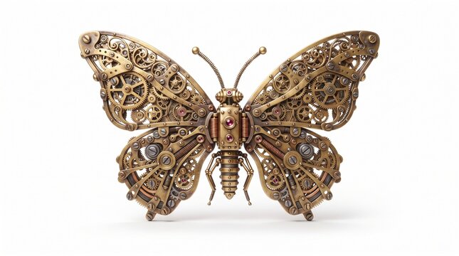 Intricate steampunk style mechanical butterfly sculpture made of bronze gears and metallic components.