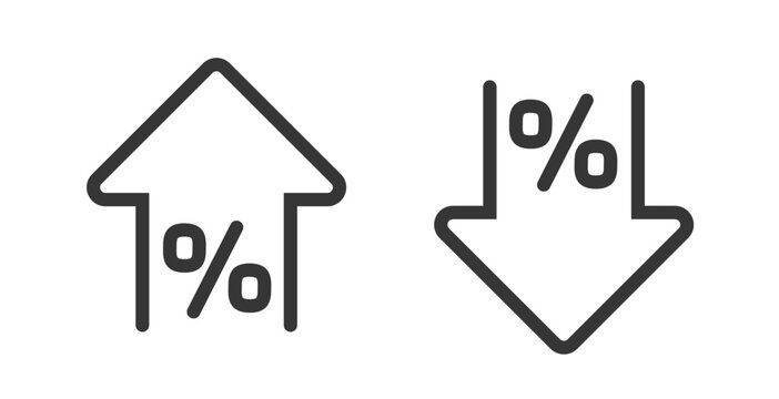 Percentage arrow growth loss line stroke icon or increase decrease sign symbol simple set vector, increase decrease financial element, discount rate trend up down, inflation deflation pictogram 
