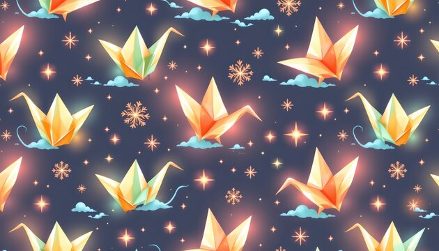The image features a repeating pattern of illuminated origami cranes floating across a dark background