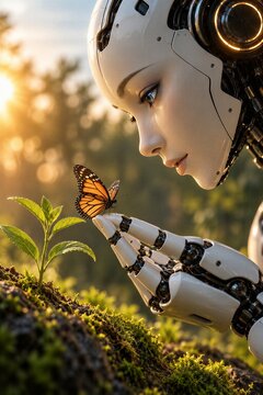 Humanoid robot holding butterfly in nature, artificial intelligence and technology concept