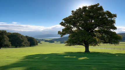 Obraz premium Sunny green field with large tree blue sky distant hills peaceful landscape nature countryside serene summer