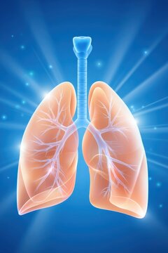 Translucent glowing human lungs with branching airways on blue radiant background