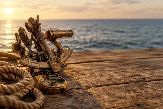 Antique brass sextant with rope and compass on wood, navigation and exploration concept