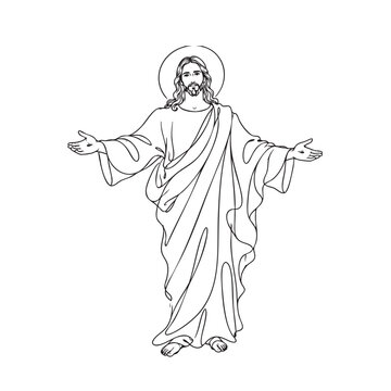 Jesus Christ line art illustration with open arms, religious Christian symbol