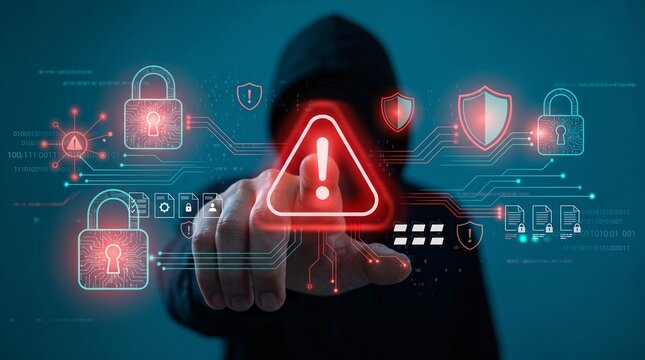 Data encryption cybersecurity threat warning alert with digital padlock network, firewall breach notification, unauthorized cyber attack defense and confidential information security system.