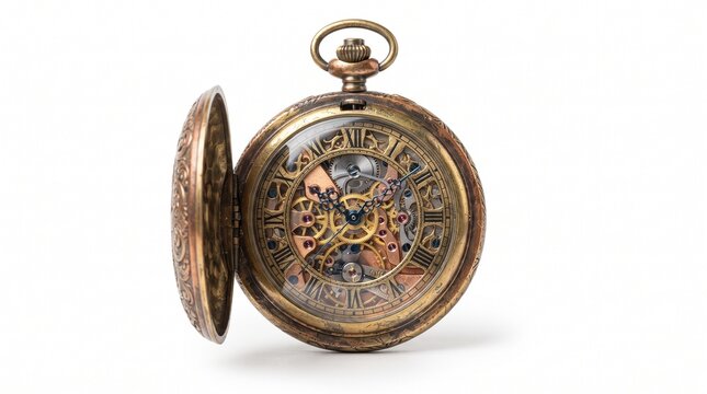 Vintage antique golden pocket watch with visible mechanical internal gears isolated on white background.
