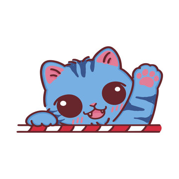 cat peeking candy cane border blue tabby waving mascot frame