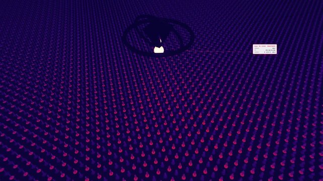 Luminescent orb camera fixture floats above a field of tiny avatars projecting a laser beam at a marked subject in a 3D animation